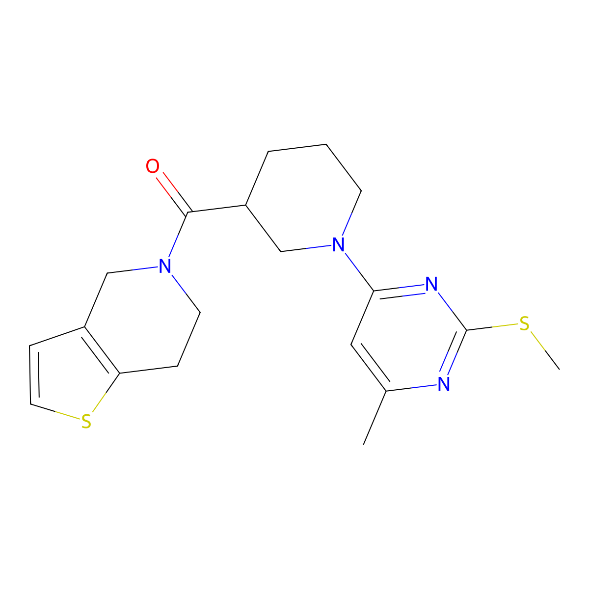4-methyl-2-(methylsulfanyl)-6-(3-{4H,5H,6H,7H-thieno[3,2-c]pyridine-5-carbonyl}piperidin-1-yl)pyrimidine molecular structure, CAS 3054633-48-3