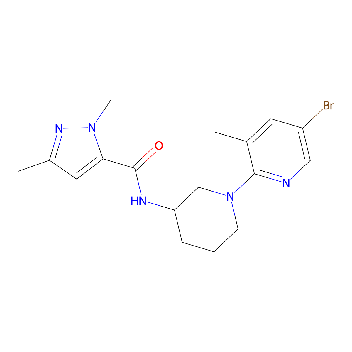 N-[1-(5-bromo-3-methylpyridin-2-yl)piperidin-3-yl]-1,3-dimethyl-1H-pyrazole-5-carboxamide molecular structure, CAS 3054633-53-0