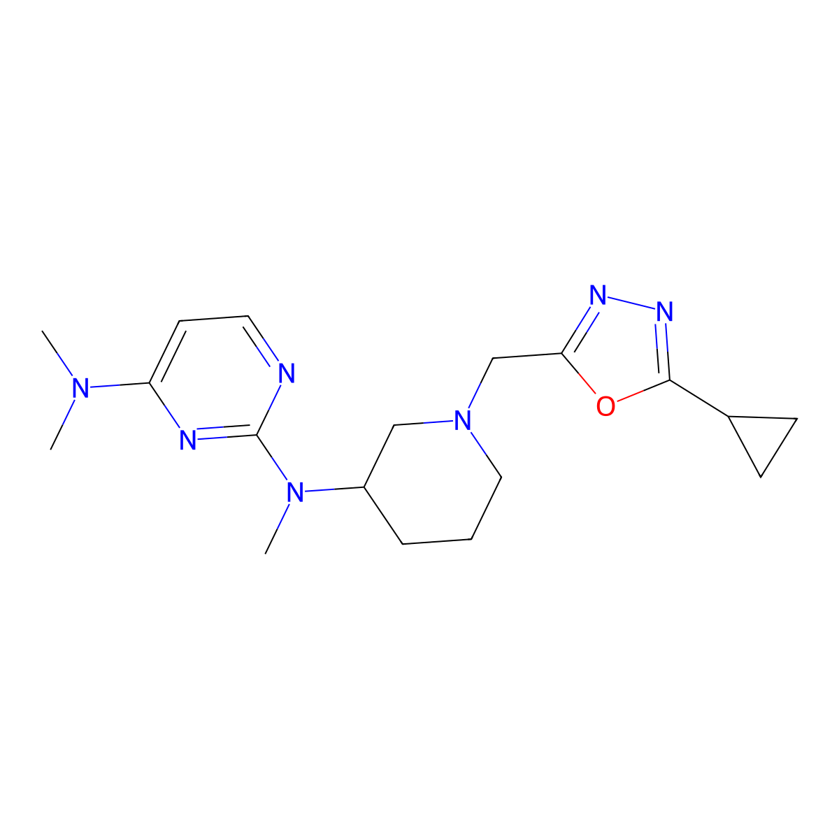 N2-{1-[(5-cyclopropyl-1,3,4-oxadiazol-2-yl)methyl]piperidin-3-yl}-N2,N4,N4-trimethylpyrimidine-2,4-diamine molecular structure, CAS 3054633-55-2