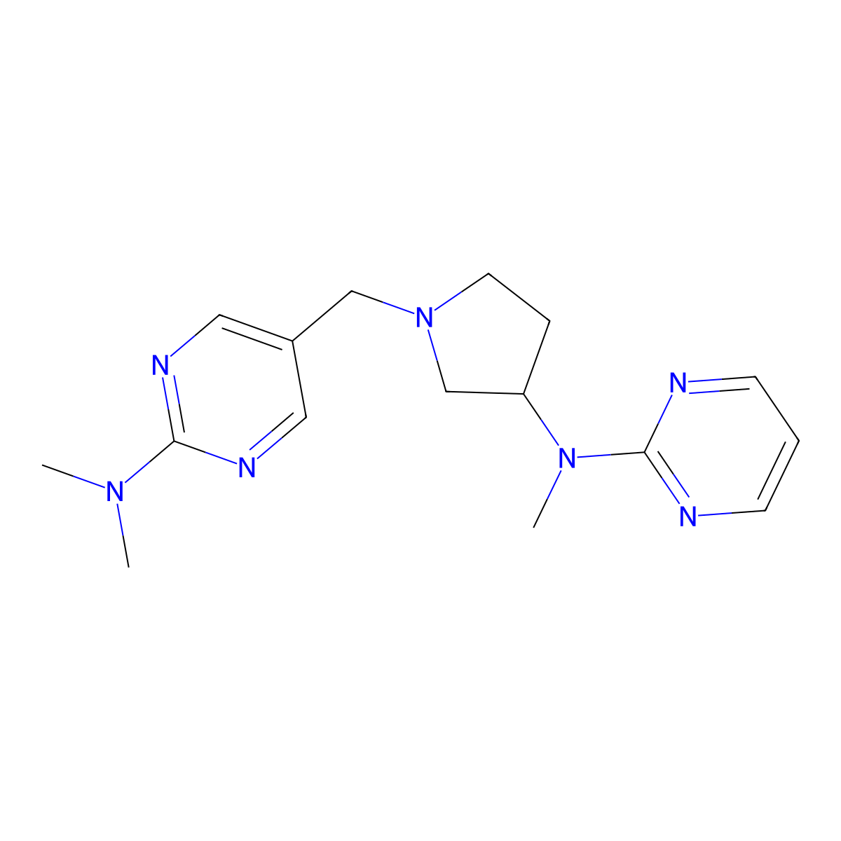 N,N-dimethyl-5-({3-[methyl(pyrimidin-2-yl)amino]pyrrolidin-1-yl}methyl)pyrimidin-2-amine molecular structure, CAS 3054633-56-3