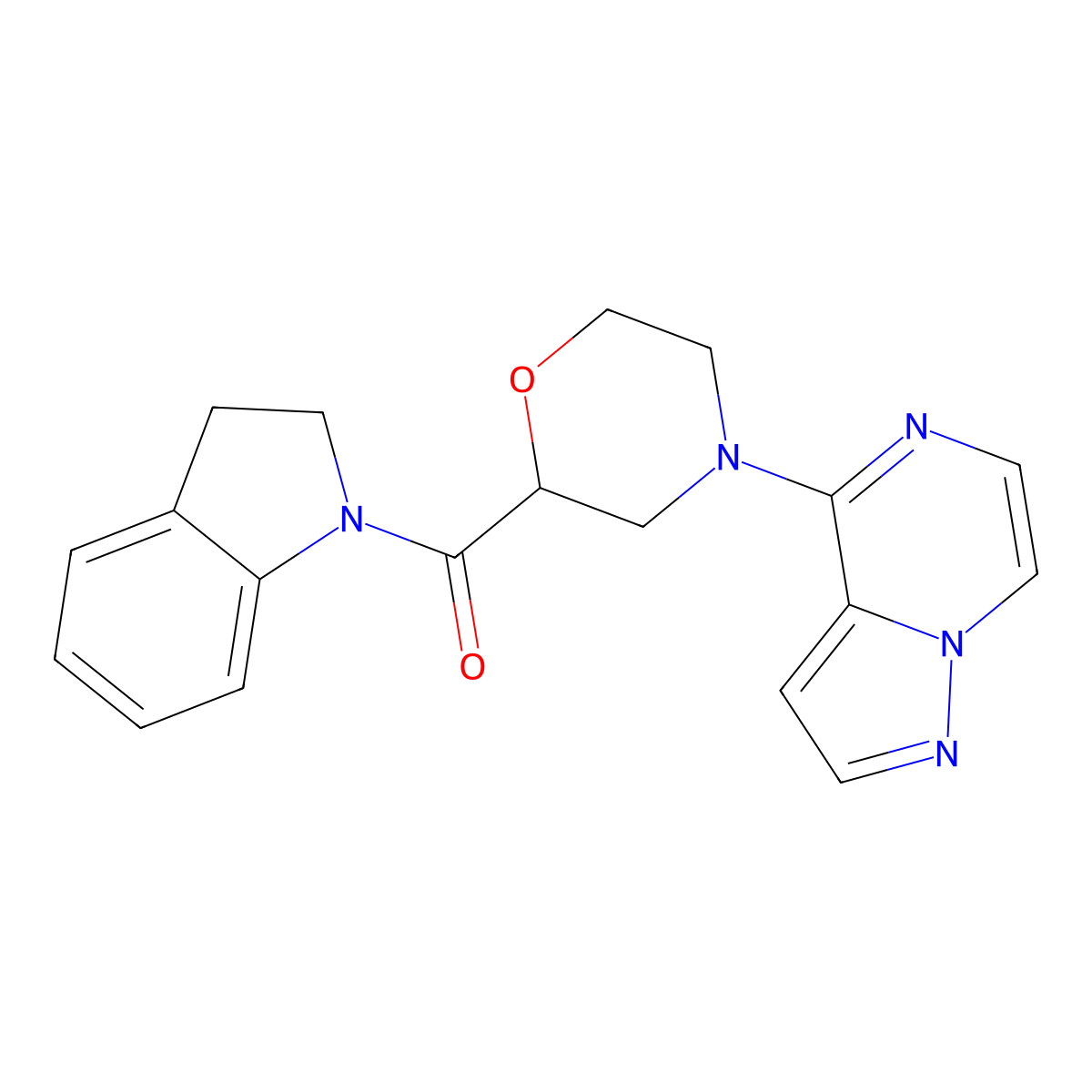 1-(4-{pyrazolo[1,5-a]pyrazin-4-yl}morpholine-2-carbonyl)-2,3-dihydro-1H-indole molecular structure, CAS 3054633-62-1