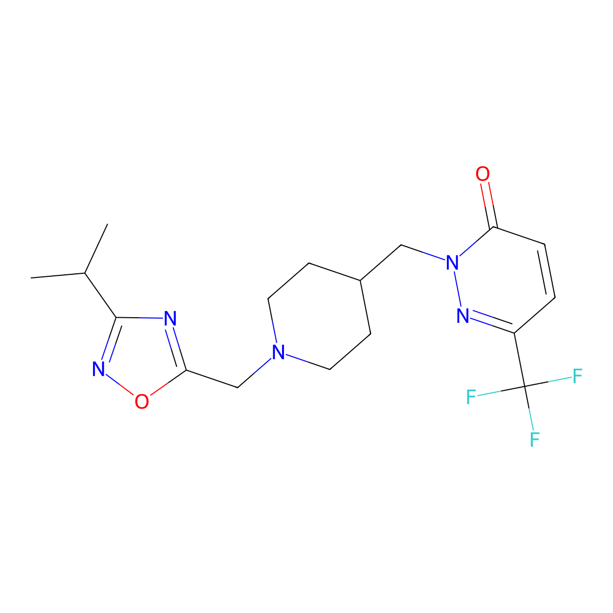 2-[(1-{[3-(Propan-2-yl)-1,2,4-oxadiazol-5-yl]methyl}piperidin-4-yl)methyl]-6-(trifluoromethyl)-2,3-dihydropyridazin-3-one molecular structure, CAS 3054633-79-0