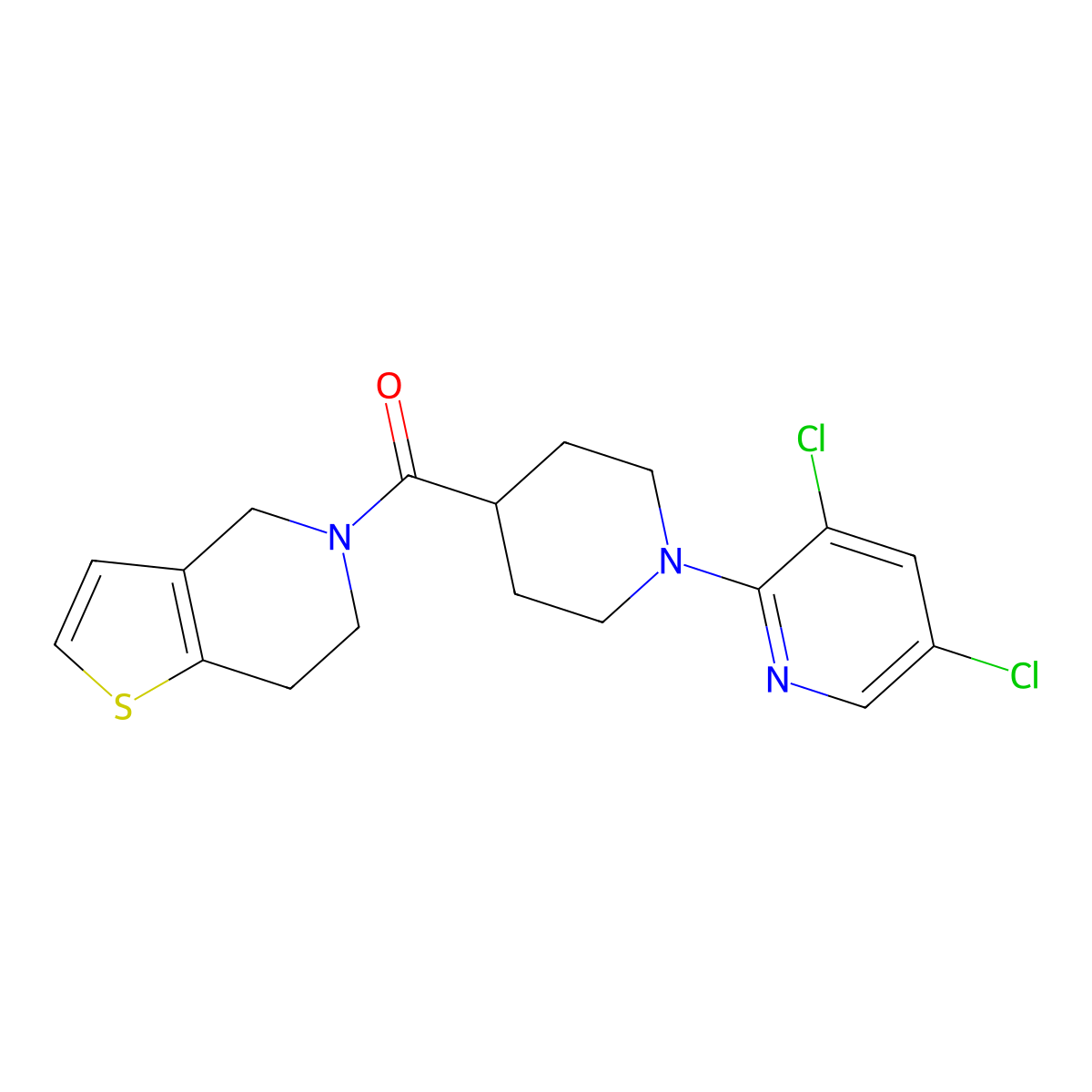 3,5-dichloro-2-(4-{4H,5H,6H,7H-thieno[3,2-c]pyridine-5-carbonyl}piperidin-1-yl)pyridine molecular structure, CAS 3054633-80-3