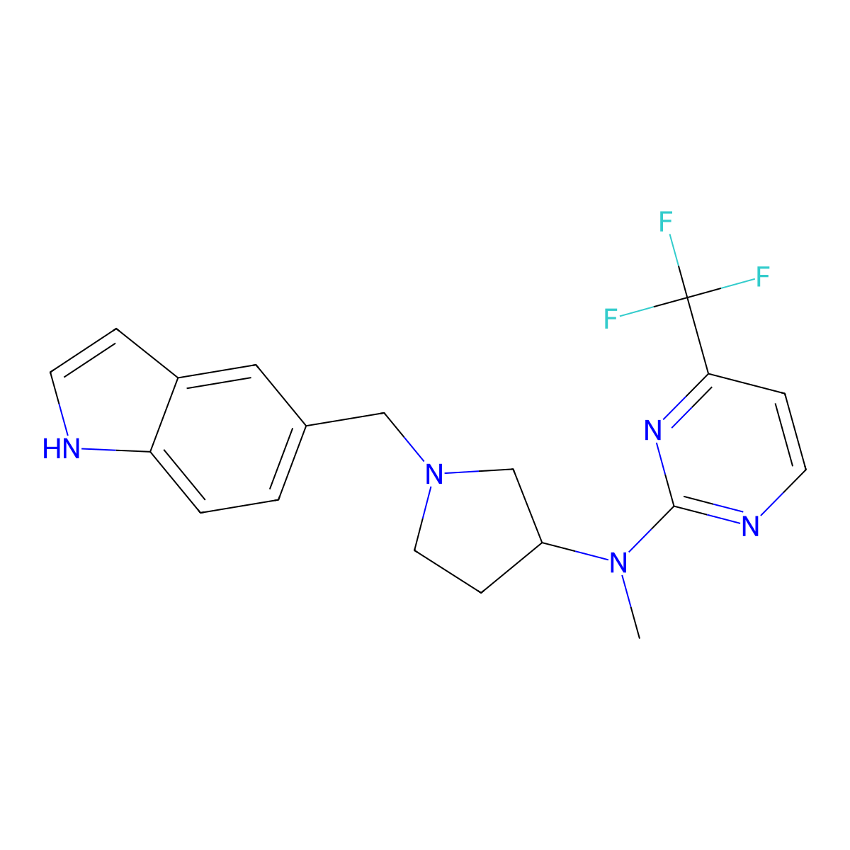 N-{1-[(1H-indol-5-yl)methyl]pyrrolidin-3-yl}-N-methyl-4-(trifluoromethyl)pyrimidin-2-amine molecular structure, CAS 3054633-89-2