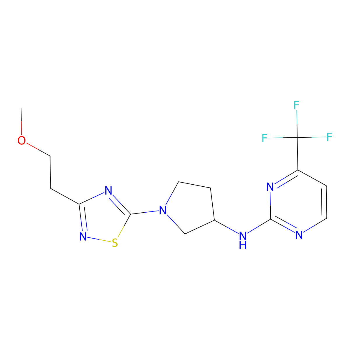 N-{1-[3-(2-methoxyethyl)-1,2,4-thiadiazol-5-yl]pyrrolidin-3-yl}-4-(trifluoromethyl)pyrimidin-2-amine molecular structure, CAS 3054633-90-5