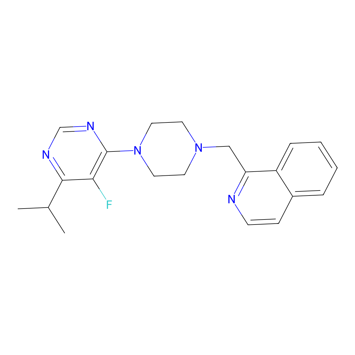 1-({4-[5-Fluoro-6-(propan-2-yl)pyrimidin-4-yl]piperazin-1-yl}methyl)isoquinoline molecular structure, CAS 3054633-93-8
