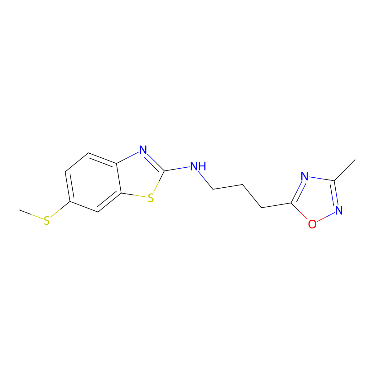N-[3-(3-methyl-1,2,4-oxadiazol-5-yl)propyl]-6-(methylsulfanyl)-1,3-benzothiazol-2-amine molecular structure, CAS 3054634-12-4