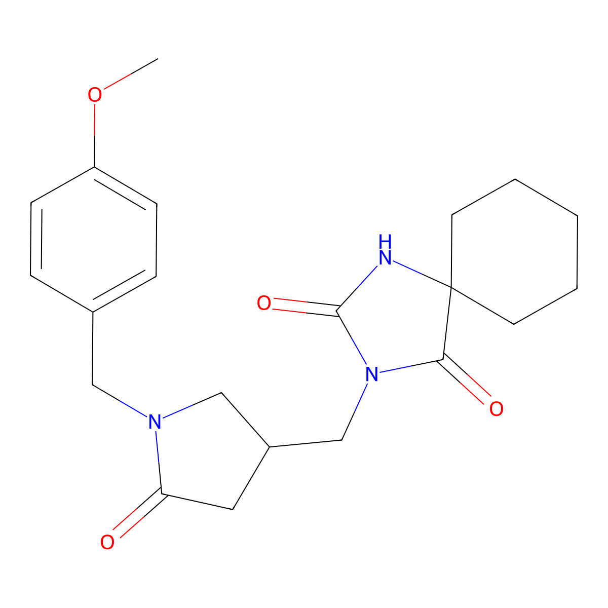 3-({1-[(4-Methoxyphenyl)methyl]-5-oxopyrrolidin-3-yl}methyl)-1,3-diazaspiro[4.5]decane-2,4-dione molecular structure, CAS 3054634-16-8