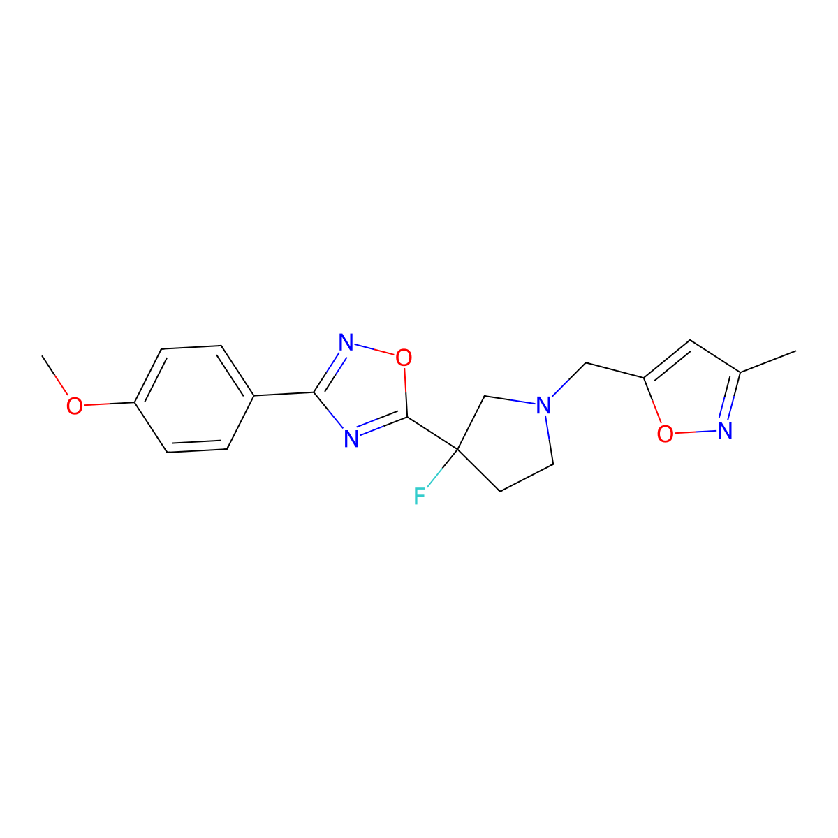 5-{3-Fluoro-1-[(3-methyl-1,2-oxazol-5-yl)methyl]pyrrolidin-3-yl}-3-(4-methoxyphenyl)-1,2,4-oxadiazole molecular structure, CAS 3054634-18-0