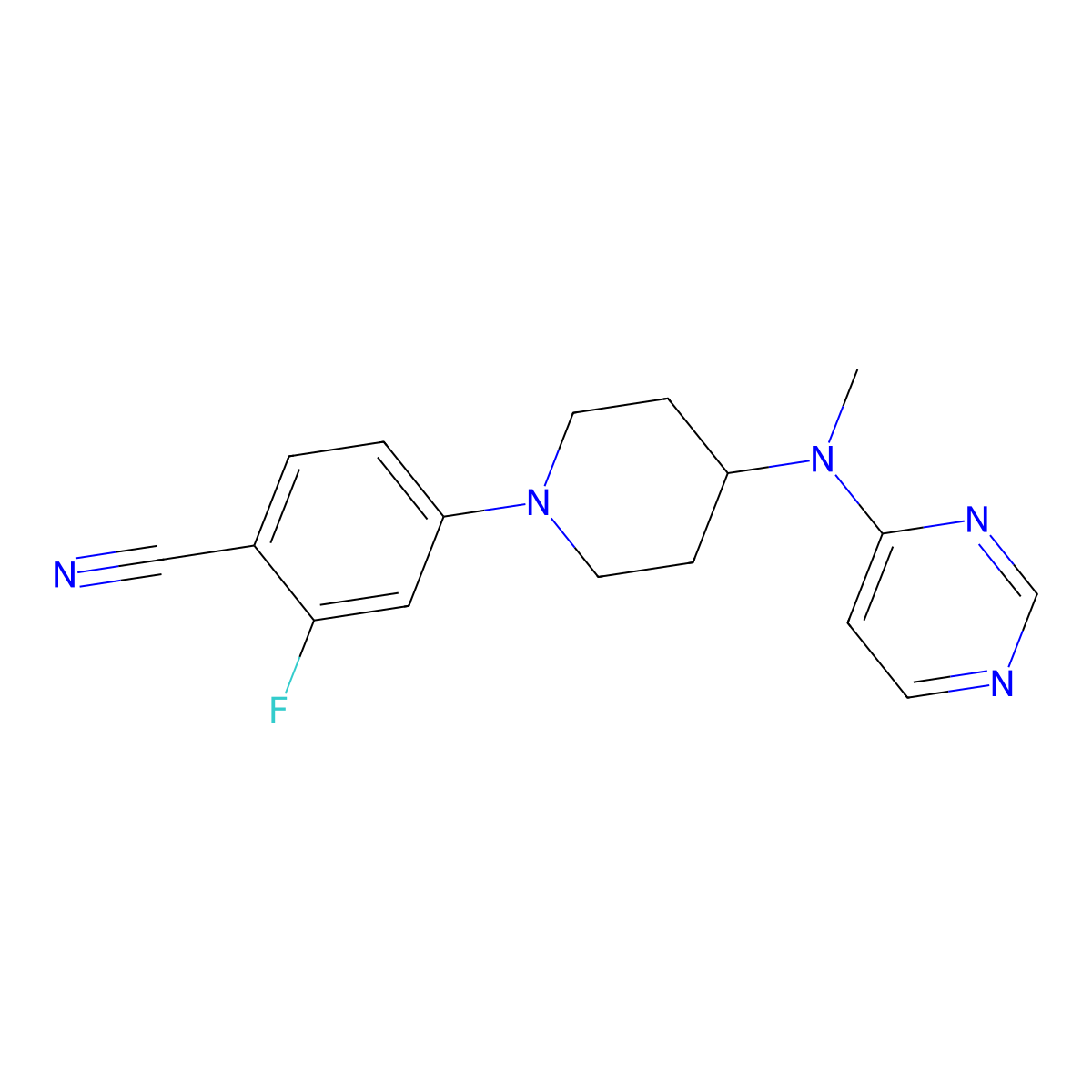 2-Fluoro-4-{4-[methyl(pyrimidin-4-yl)amino]piperidin-1-yl}benzonitrile molecular structure, CAS 3054634-20-4