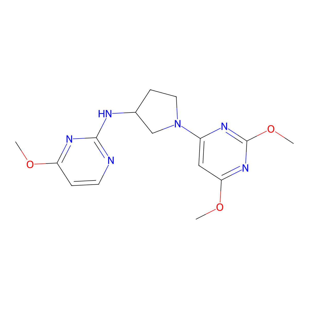 N-[1-(2,6-dimethoxypyrimidin-4-yl)pyrrolidin-3-yl]-4-methoxypyrimidin-2-amine molecular structure, CAS 3054634-21-5