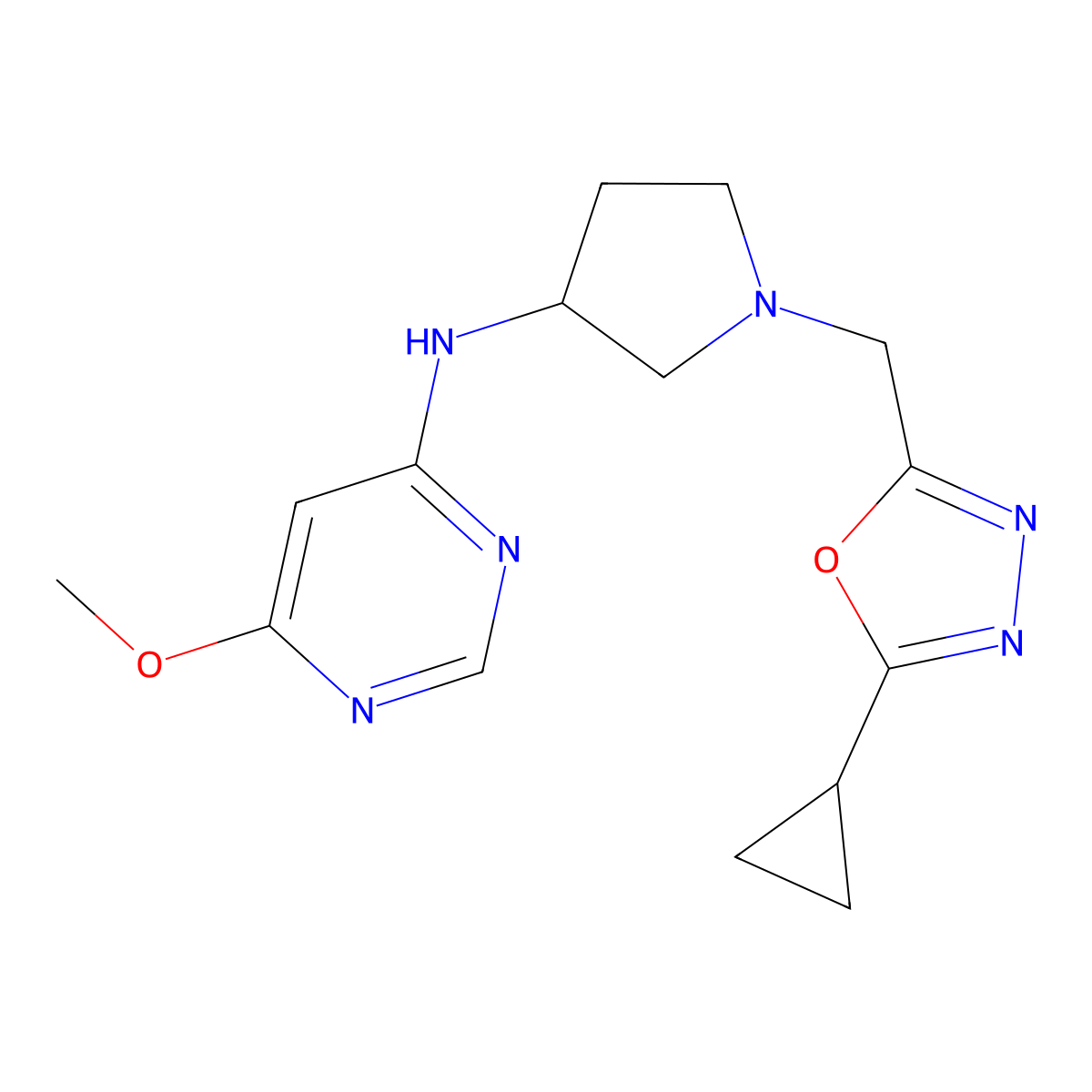 N-{1-[(5-cyclopropyl-1,3,4-oxadiazol-2-yl)methyl]pyrrolidin-3-yl}-6-methoxypyrimidin-4-amine molecular structure, CAS 3054634-25-9