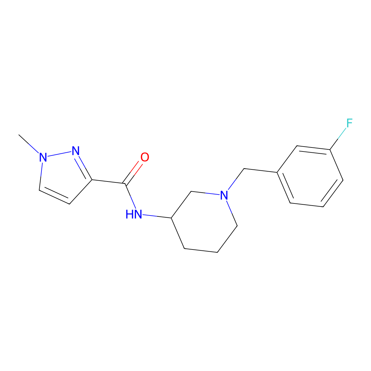 N-{1-[(3-fluorophenyl)methyl]piperidin-3-yl}-1-methyl-1H-pyrazole-3-carboxamide molecular structure, CAS 3054634-28-2