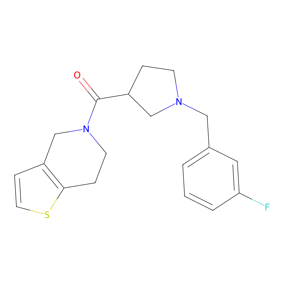 1-[(3-fluorophenyl)methyl]-3-{4H,5H,6H,7H-thieno[3,2-c]pyridine-5-carbonyl}pyrrolidine molecular structure, CAS 3054634-29-3
