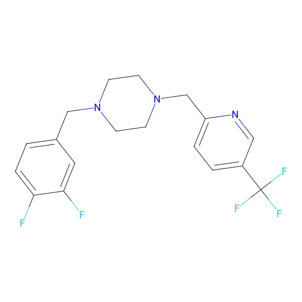 1-[(3,4-Difluorophenyl)methyl]-4-{[5-(trifluoromethyl)pyridin-2-yl]methyl}piperazine molecular structure, CAS 3054634-36-2