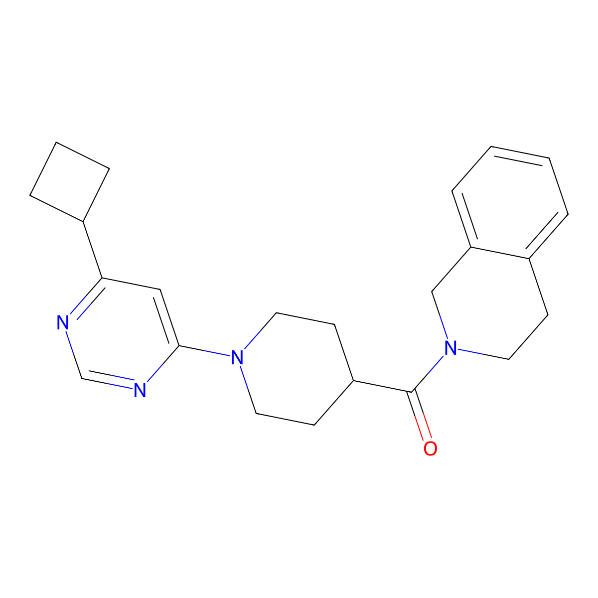 2-[1-(6-Cyclobutylpyrimidin-4-yl)piperidine-4-carbonyl]-1,2,3,4-tetrahydroisoquinoline molecular structure, CAS 3054634-40-8