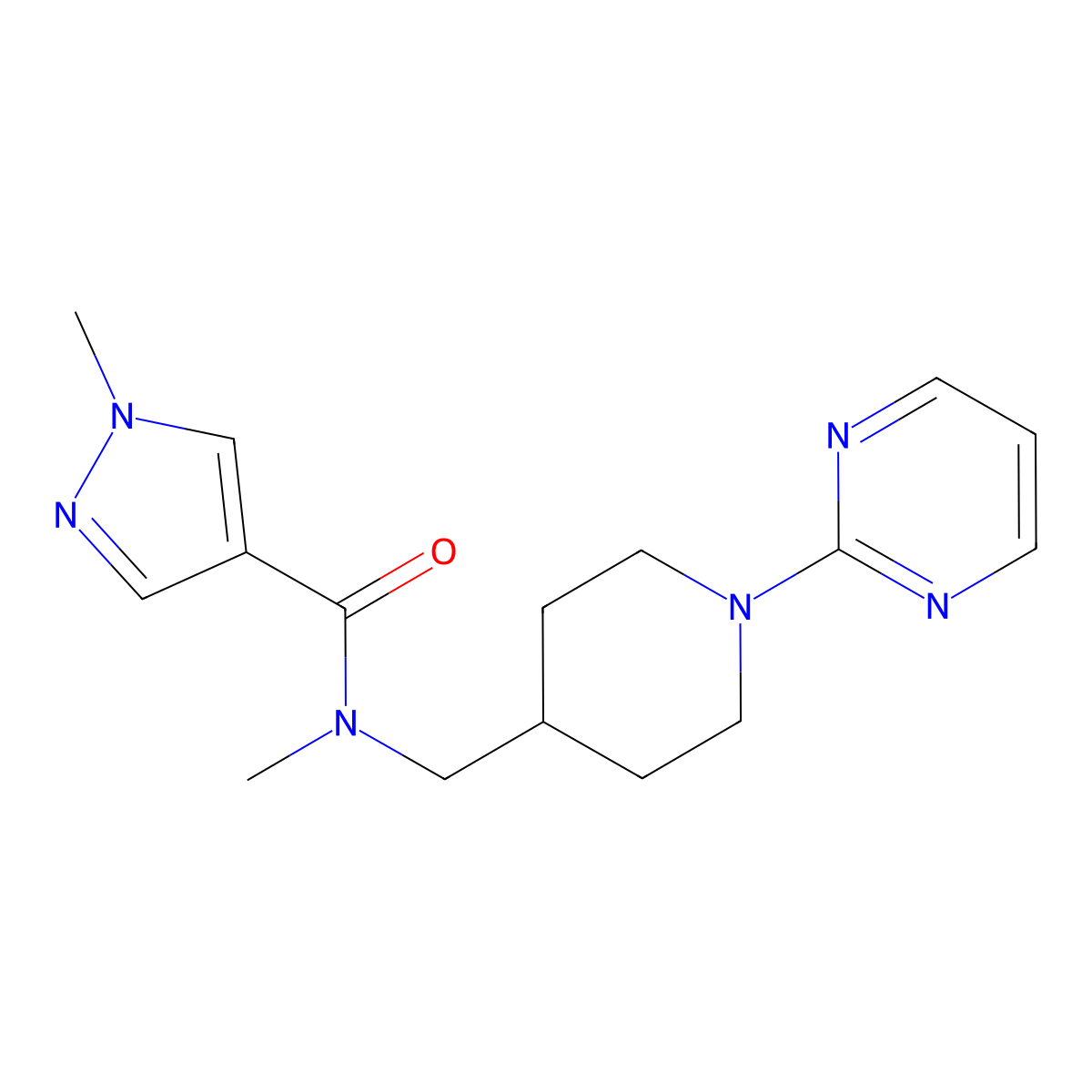 N,1-dimethyl-N-{[1-(pyrimidin-2-yl)piperidin-4-yl]methyl}-1H-pyrazole-4-carboxamide molecular structure, CAS 3054634-44-2