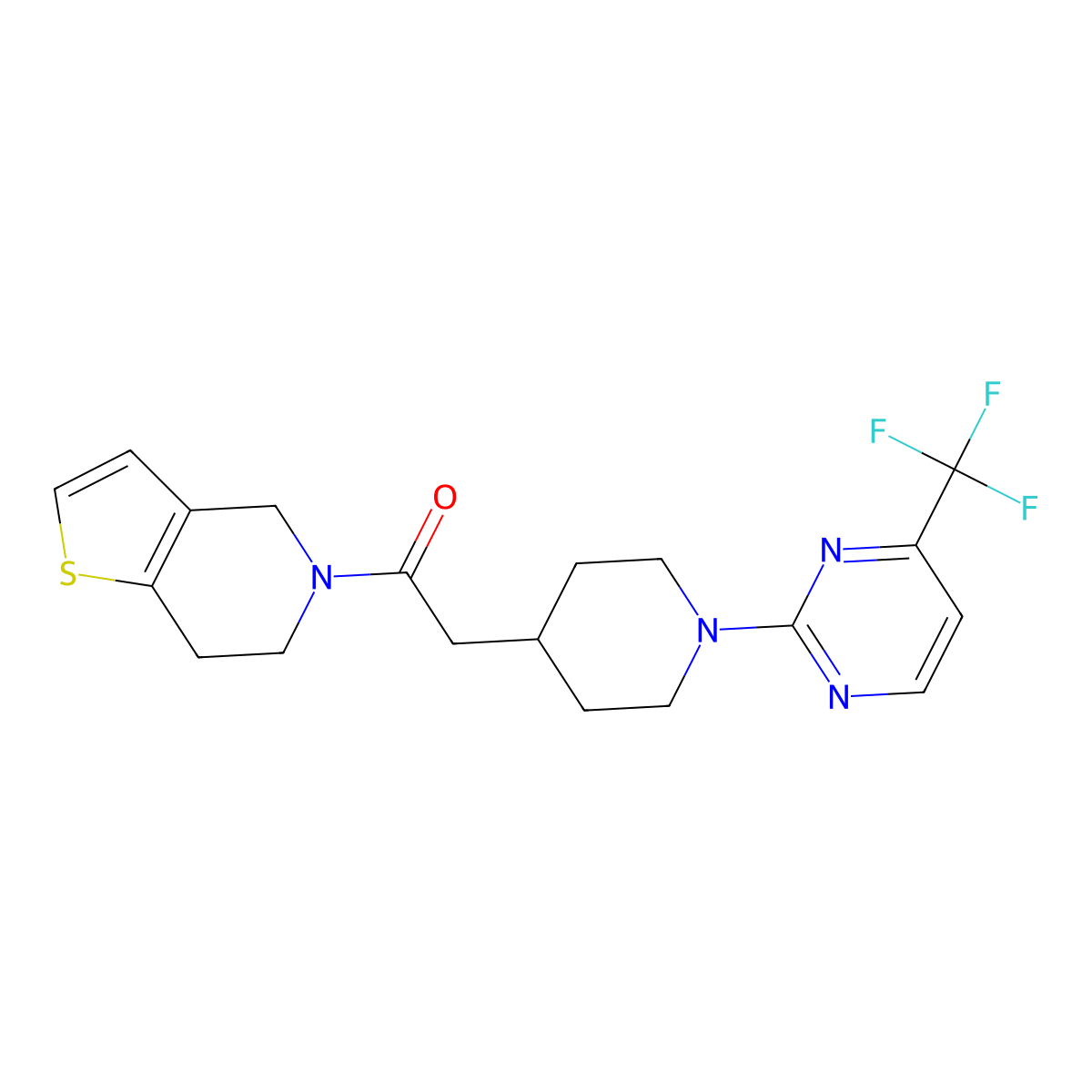 1-{4H,5H,6H,7H-thieno[3,2-c]pyridin-5-yl}-2-{1-[4-(trifluoromethyl)pyrimidin-2-yl]piperidin-4-yl}ethan-1-one molecular structure, CAS 3054634-49-7
