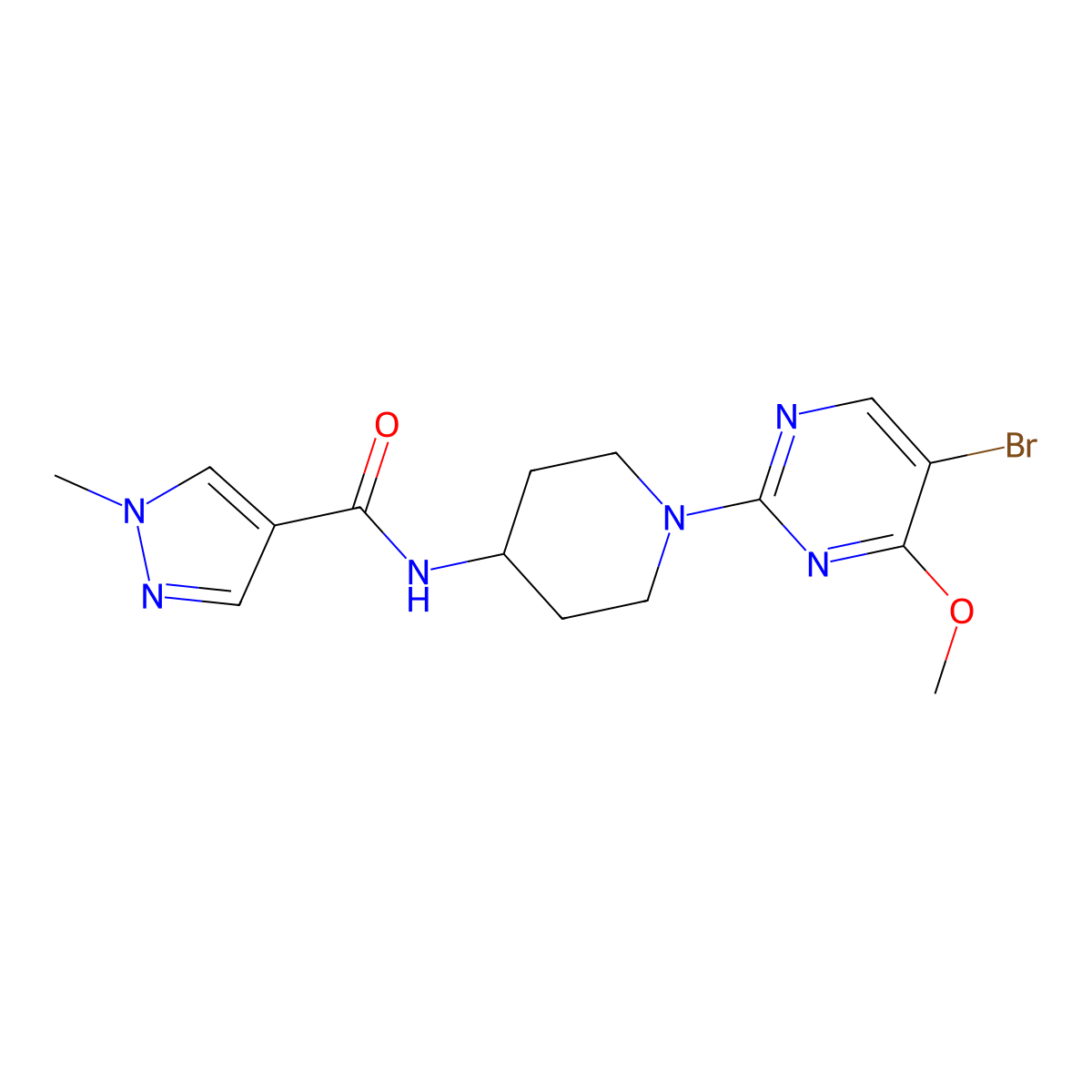 N-[1-(5-bromo-4-methoxypyrimidin-2-yl)piperidin-4-yl]-1-methyl-1H-pyrazole-4-carboxamide molecular structure, CAS 3054634-50-0