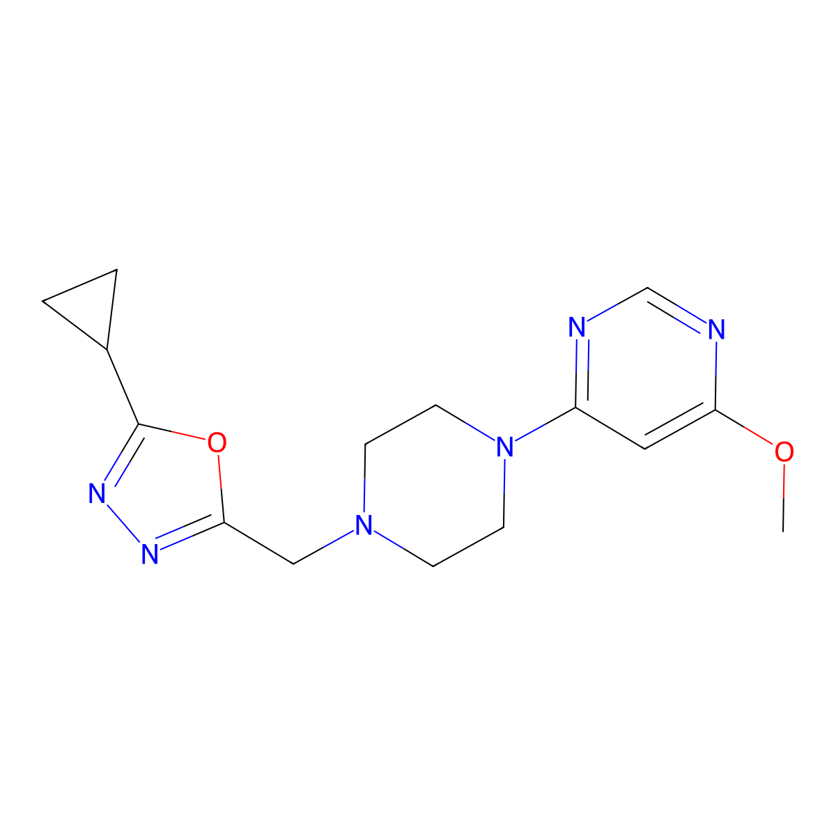 4-{4-[(5-Cyclopropyl-1,3,4-oxadiazol-2-yl)methyl]piperazin-1-yl}-6-methoxypyrimidine molecular structure, CAS 3054634-65-7