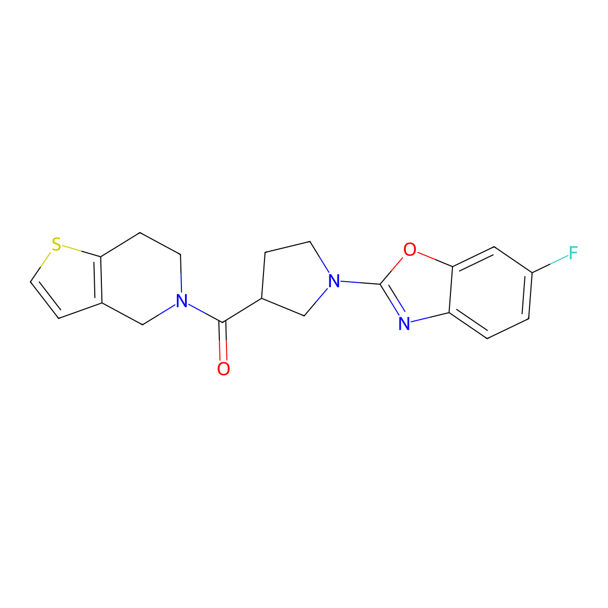 6-fluoro-2-(3-{4H,5H,6H,7H-thieno[3,2-c]pyridine-5-carbonyl}pyrrolidin-1-yl)-1,3-benzoxazole molecular structure, CAS 3054634-70-4