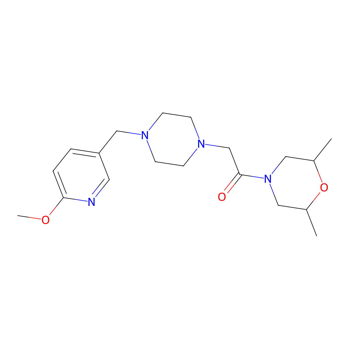 1-(2,6-Dimethylmorpholin-4-yl)-2-{4-[(6-methoxypyridin-3-yl)methyl]piperazin-1-yl}ethan-1-one molecular structure, CAS 3054634-77-1