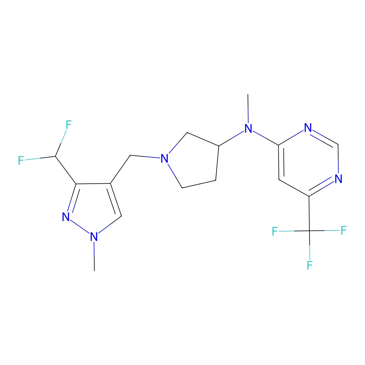 N-(1-{[3-(difluoromethyl)-1-methyl-1H-pyrazol-4-yl]methyl}pyrrolidin-3-yl)-N-methyl-6-(trifluoromethyl)pyrimidin-4-amine molecular structure, CAS 3054634-78-2
