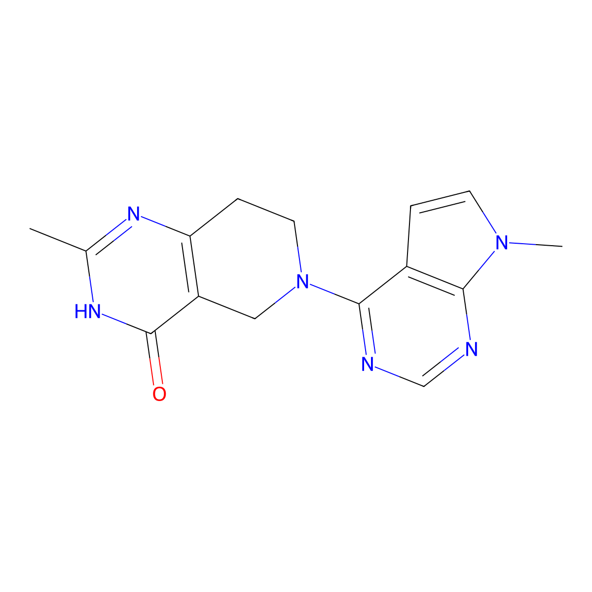 2-methyl-6-{7-methyl-7H-pyrrolo[2,3-d]pyrimidin-4-yl}-3H,4H,5H,6H,7H,8H-pyrido[4,3-d]pyrimidin-4-one molecular structure, CAS 3054634-87-3