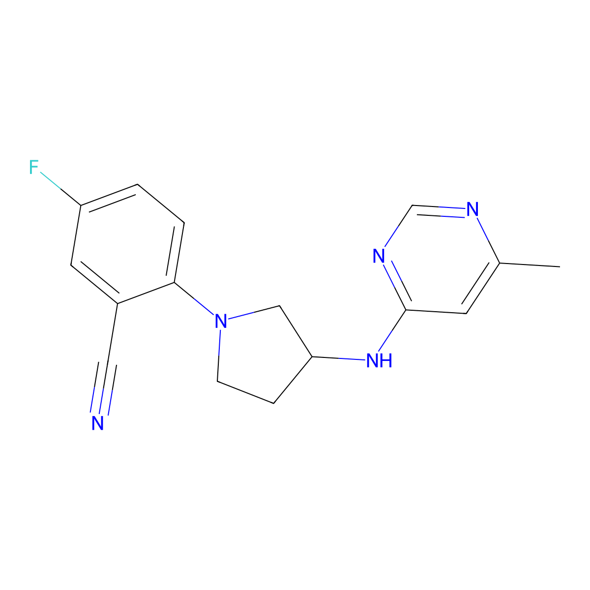 5-Fluoro-2-{3-[(6-methylpyrimidin-4-yl)amino]pyrrolidin-1-yl}benzonitrile molecular structure, CAS 3054634-89-5
