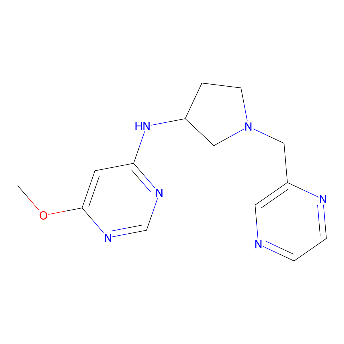 6-methoxy-N-{1-[(pyrazin-2-yl)methyl]pyrrolidin-3-yl}pyrimidin-4-amine molecular structure, CAS 3054634-91-9