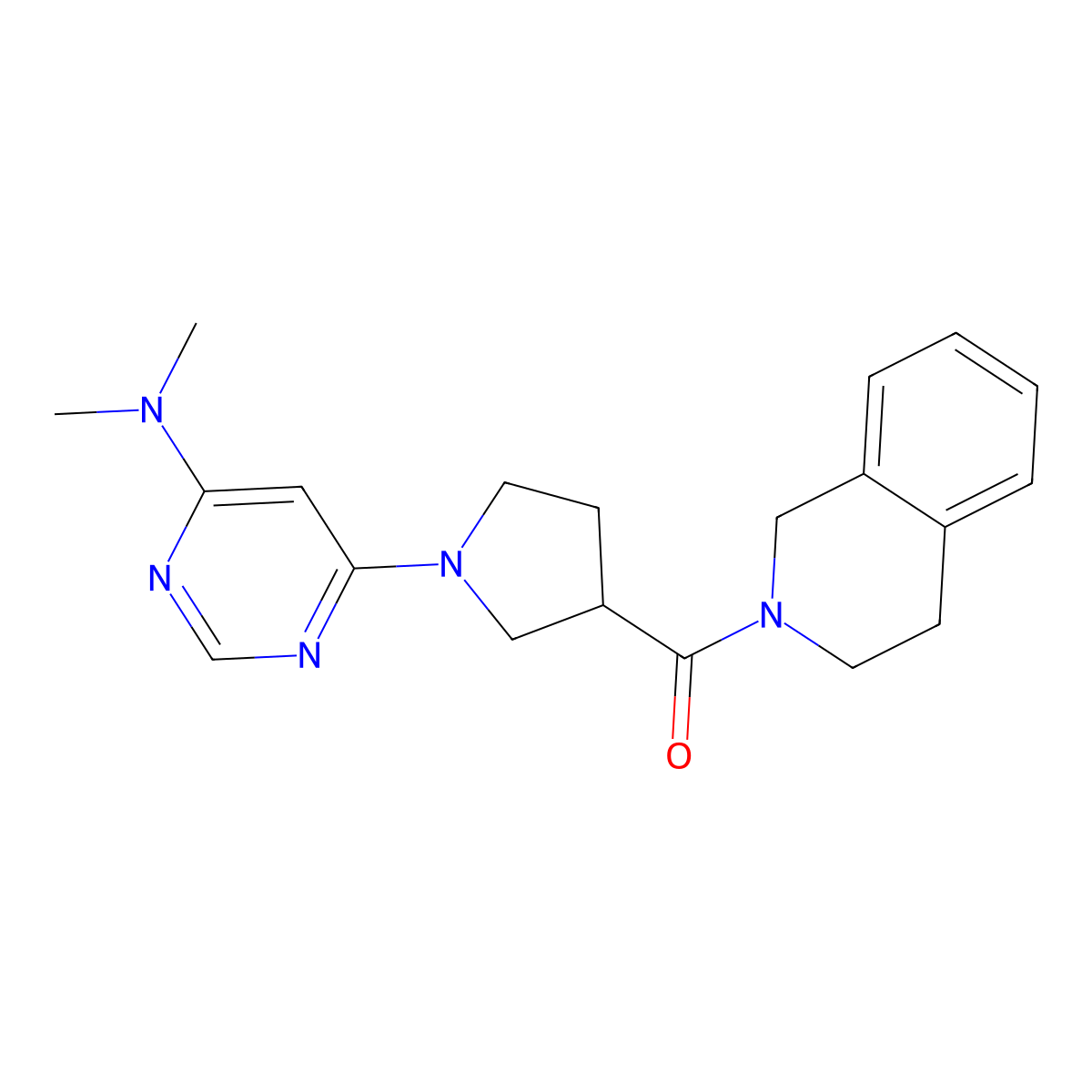 N,N-dimethyl-6-[3-(1,2,3,4-tetrahydroisoquinoline-2-carbonyl)pyrrolidin-1-yl]pyrimidin-4-amine molecular structure, CAS 3054634-92-0