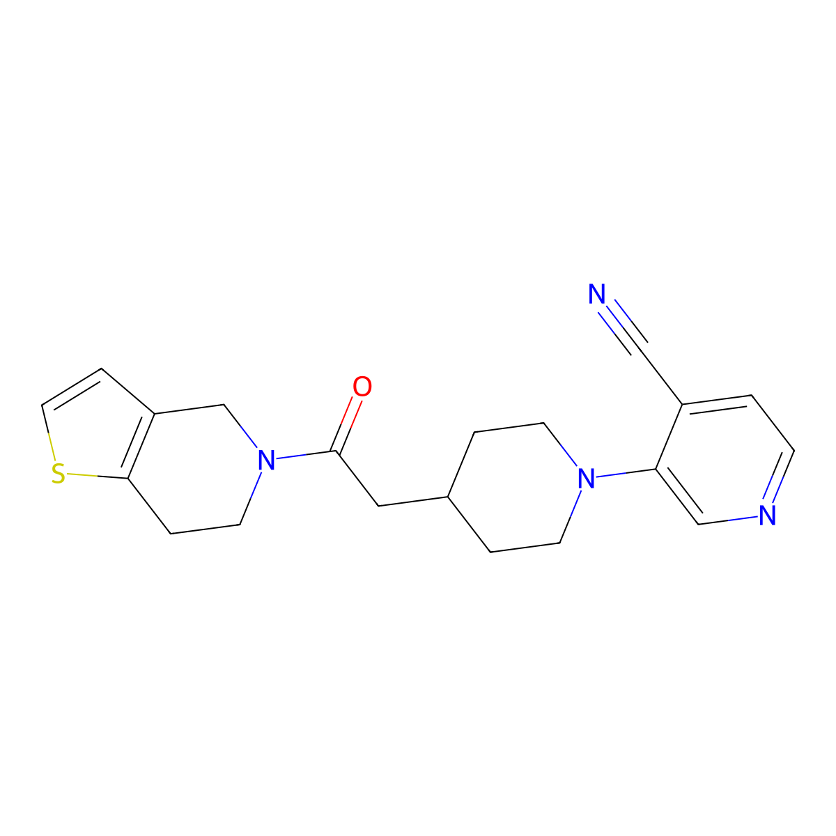 3-[4-(2-oxo-2-{4H,5H,6H,7H-thieno[3,2-c]pyridin-5-yl}ethyl)piperidin-1-yl]pyridine-4-carbonitrile molecular structure, CAS 3054634-96-4