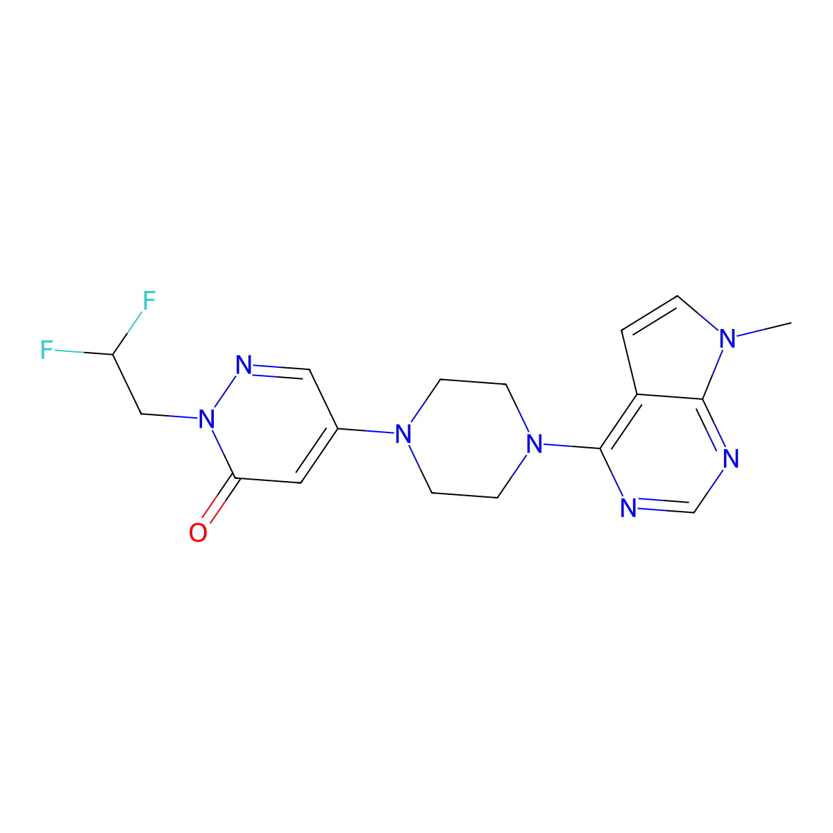 2-(2,2-difluoroethyl)-5-(4-{7-methyl-7H-pyrrolo[2,3-d]pyrimidin-4-yl}piperazin-1-yl)-2,3-dihydropyridazin-3-one molecular structure, CAS 3054634-97-5