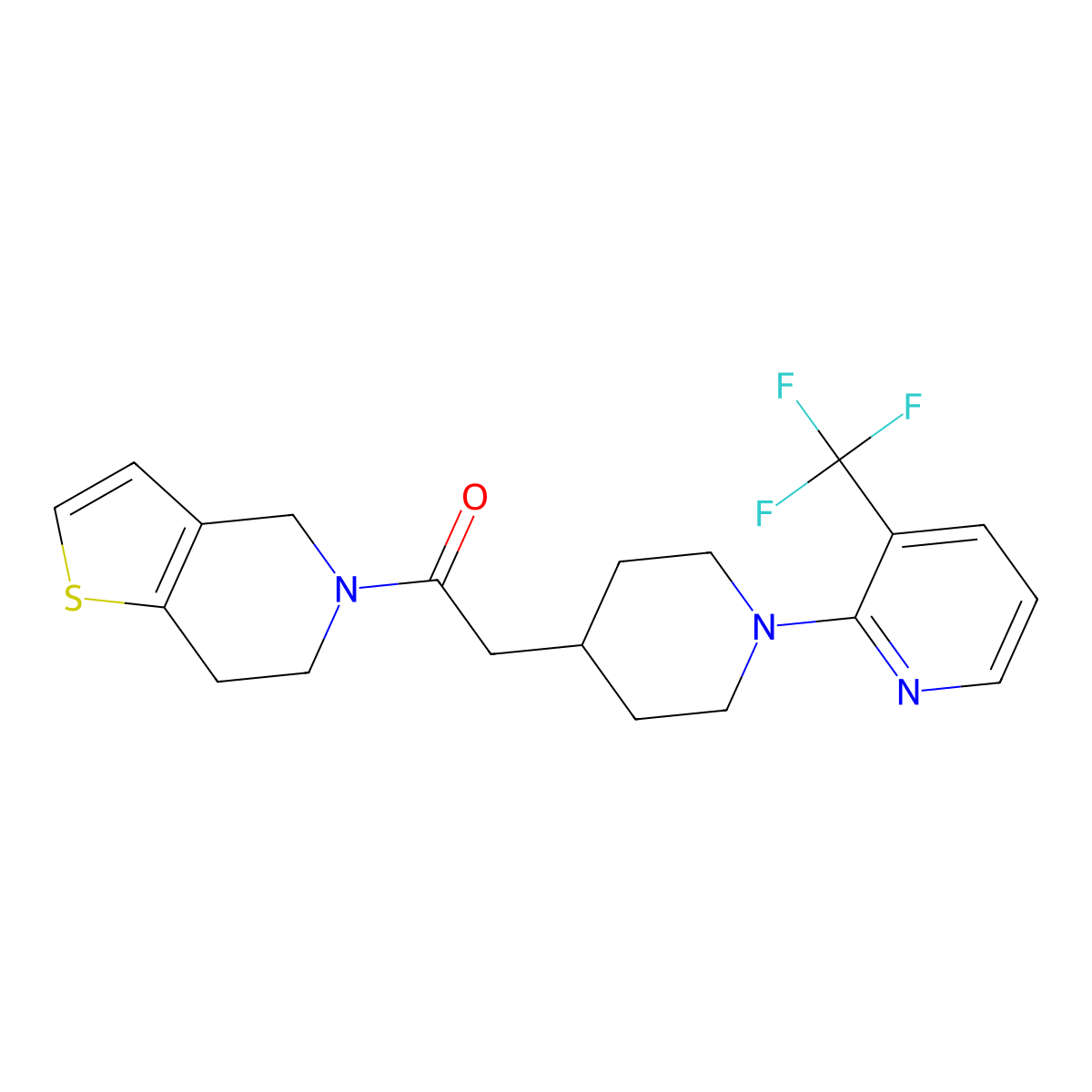 1-{4H,5H,6H,7H-thieno[3,2-c]pyridin-5-yl}-2-{1-[3-(trifluoromethyl)pyridin-2-yl]piperidin-4-yl}ethan-1-one molecular structure, CAS 3054634-98-6