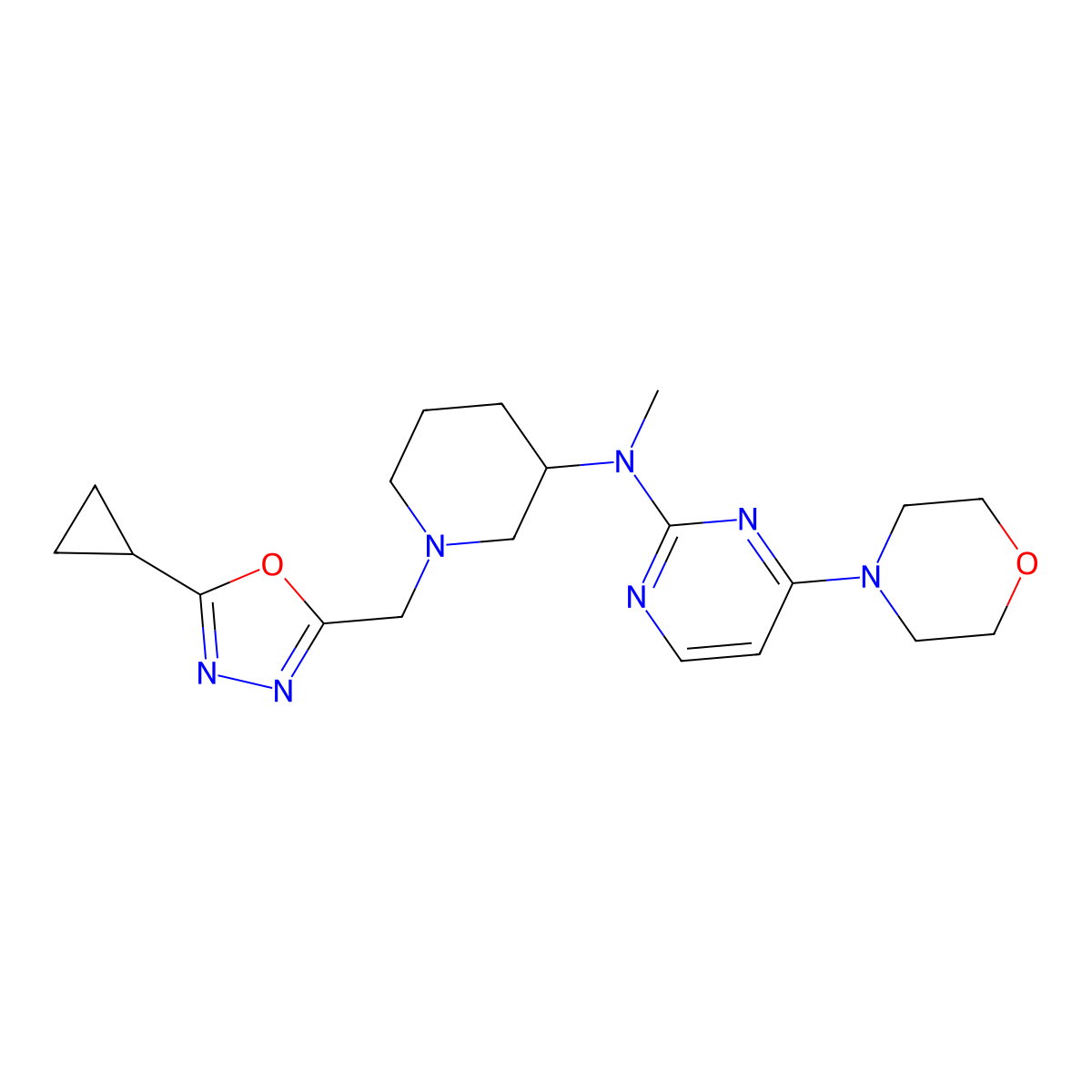 N-{1-[(5-cyclopropyl-1,3,4-oxadiazol-2-yl)methyl]piperidin-3-yl}-N-methyl-4-(morpholin-4-yl)pyrimidin-2-amine molecular structure, CAS 3054635-02-5