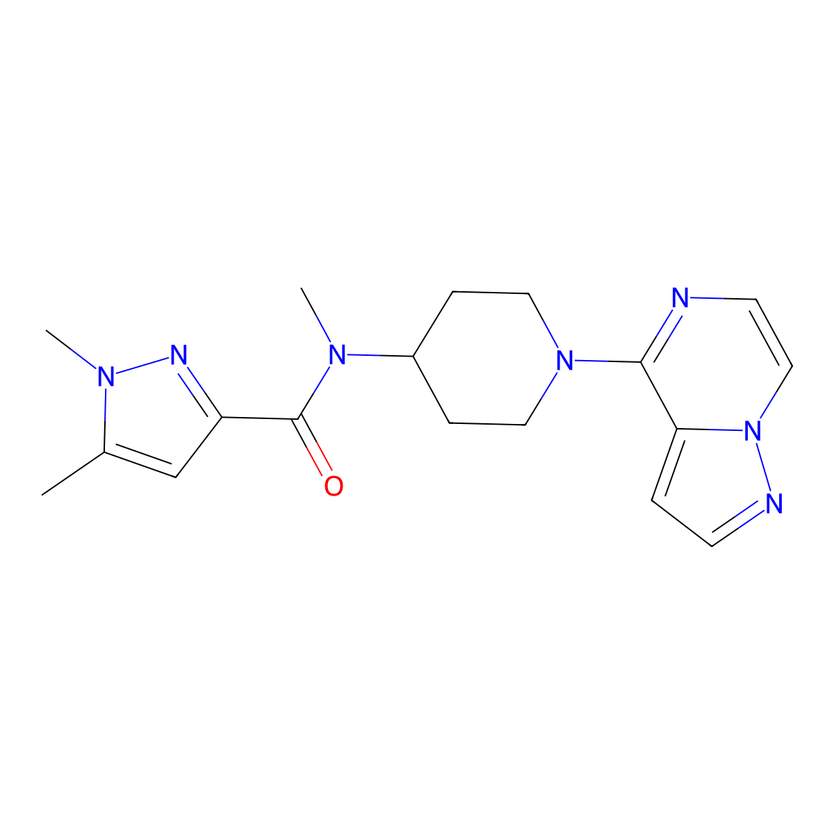 N,1,5-trimethyl-N-(1-{pyrazolo[1,5-a]pyrazin-4-yl}piperidin-4-yl)-1H-pyrazole-3-carboxamide molecular structure, CAS 3054635-03-6