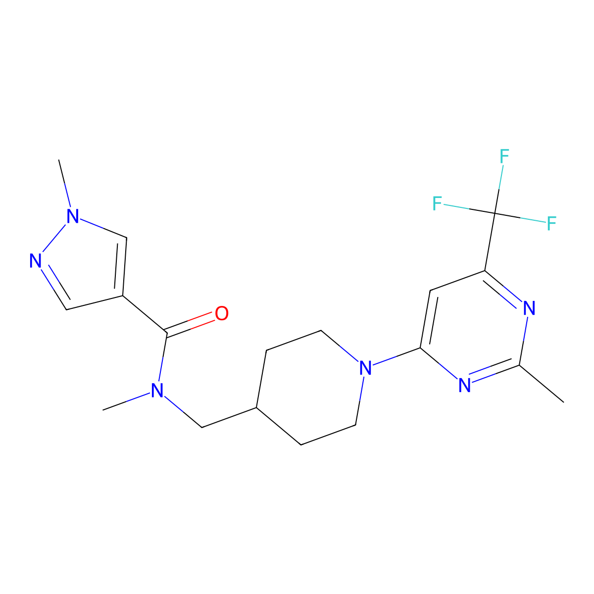 N,1-dimethyl-N-({1-[2-methyl-6-(trifluoromethyl)pyrimidin-4-yl]piperidin-4-yl}methyl)-1H-pyrazole-4-carboxamide molecular structure, CAS 3054635-08-1