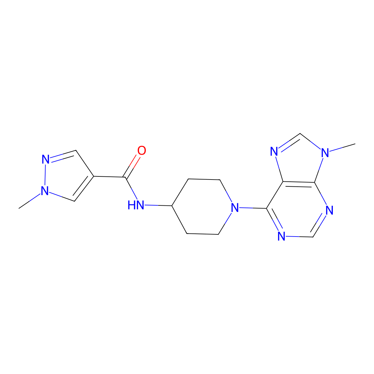 1-methyl-N-[1-(9-methyl-9H-purin-6-yl)piperidin-4-yl]-1H-pyrazole-4-carboxamide molecular structure, CAS 3054635-14-9