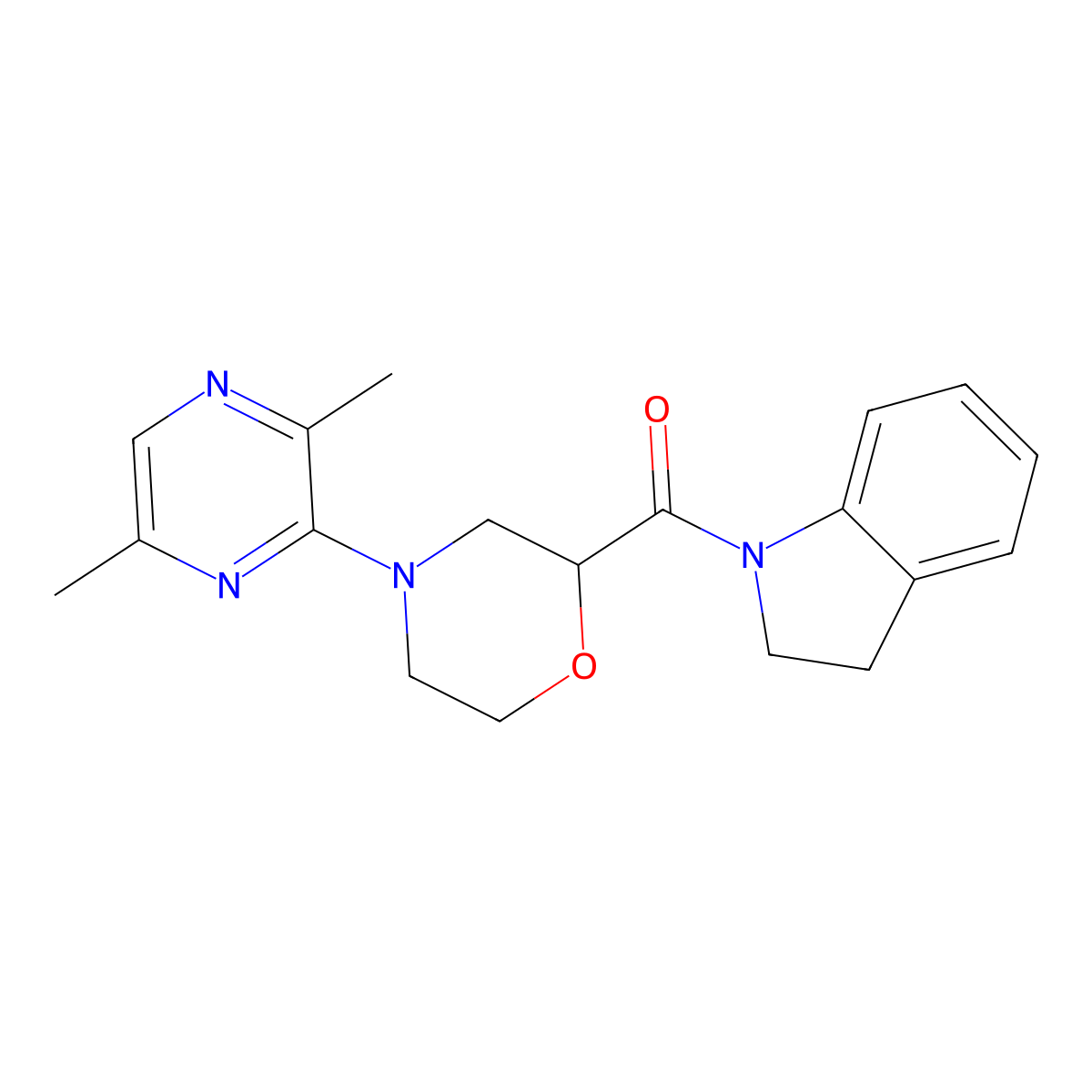 1-[4-(3,6-dimethylpyrazin-2-yl)morpholine-2-carbonyl]-2,3-dihydro-1H-indole molecular structure, CAS 3054635-22-9