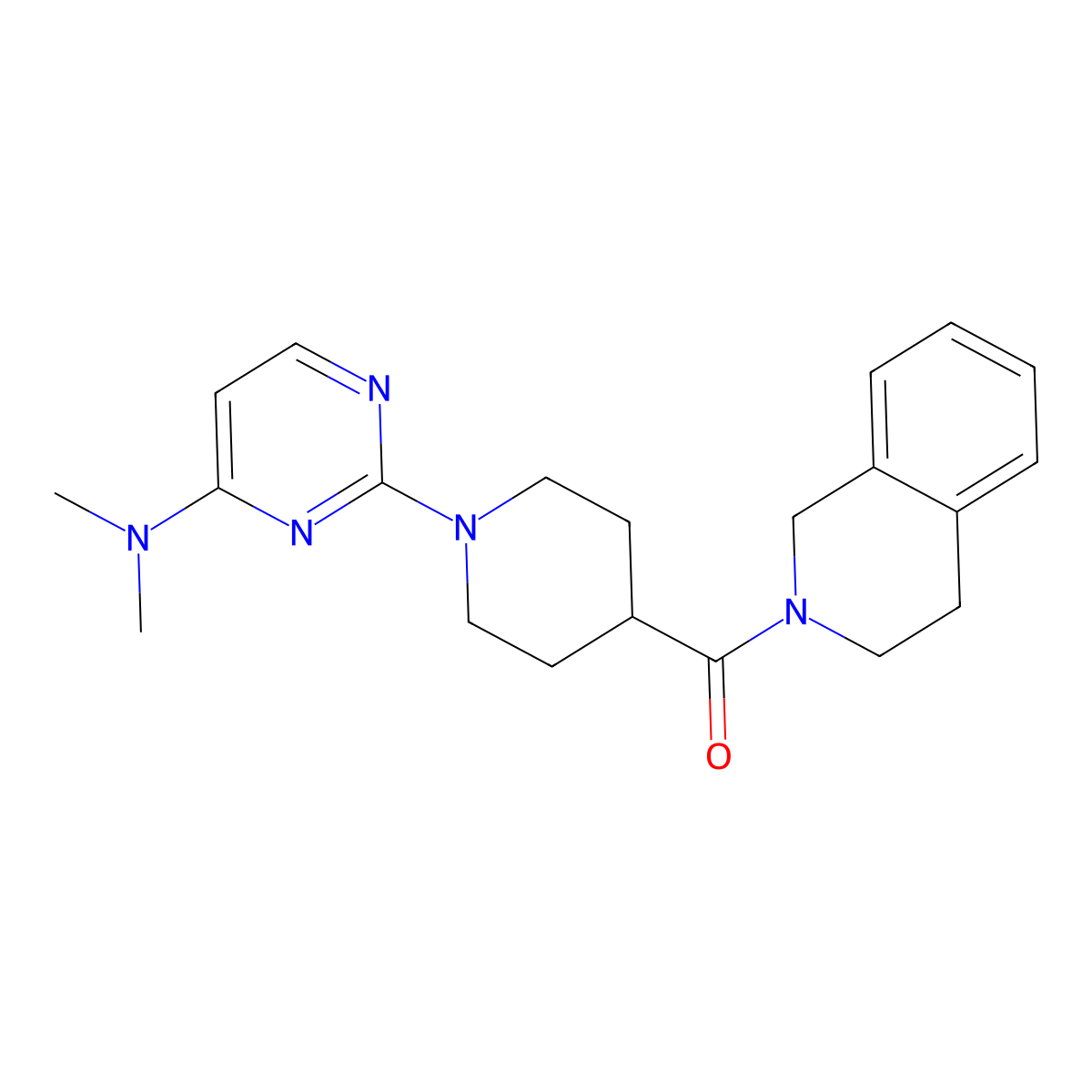 N,N-dimethyl-2-[4-(1,2,3,4-tetrahydroisoquinoline-2-carbonyl)piperidin-1-yl]pyrimidin-4-amine molecular structure, CAS 3054635-29-6