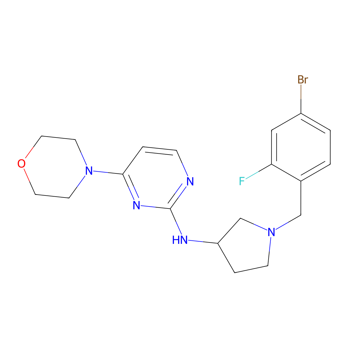 N-{1-[(4-bromo-2-fluorophenyl)methyl]pyrrolidin-3-yl}-4-(morpholin-4-yl)pyrimidin-2-amine molecular structure, CAS 3054635-30-9