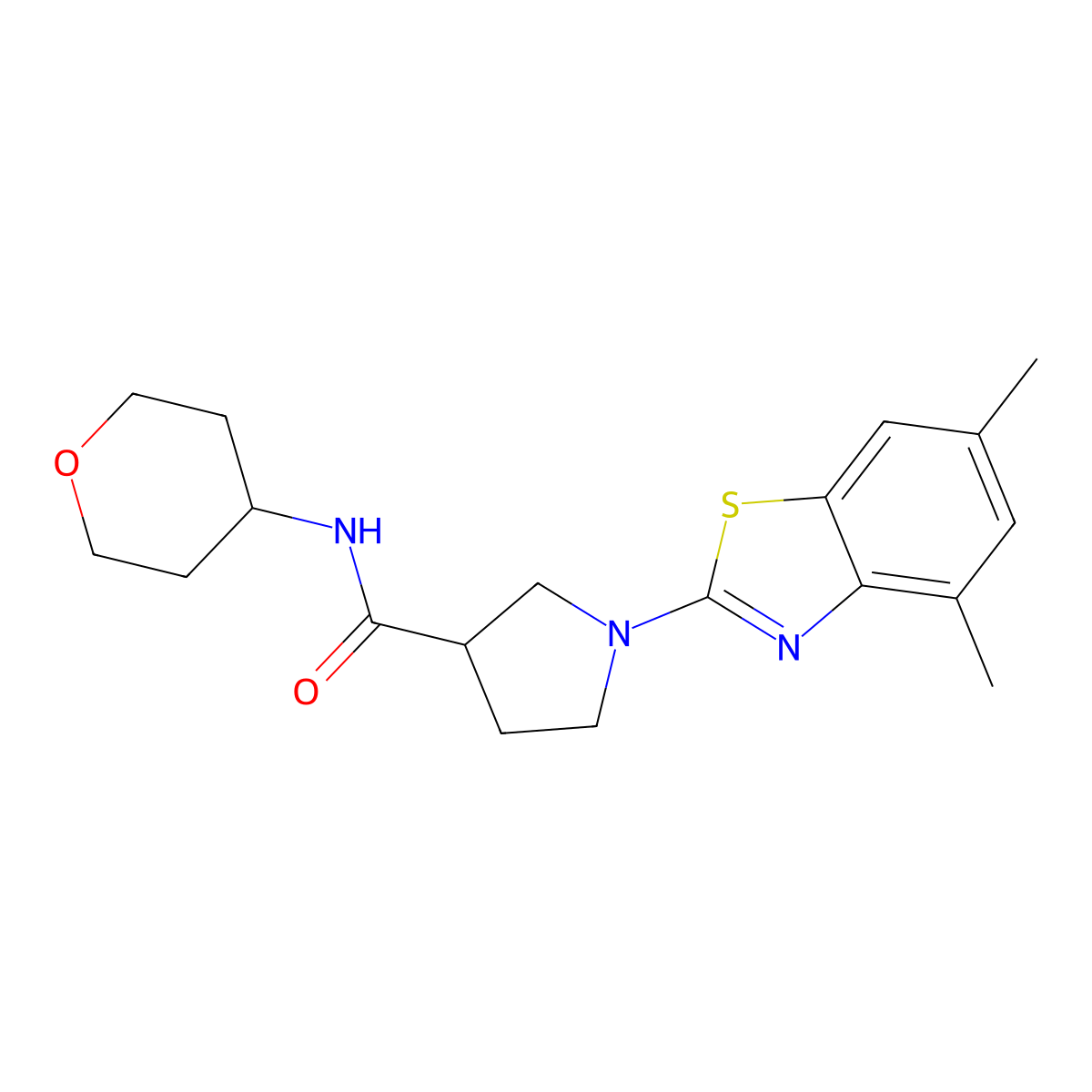 1-(4,6-dimethyl-1,3-benzothiazol-2-yl)-N-(oxan-4-yl)pyrrolidine-3-carboxamide molecular structure, CAS 3054635-31-0