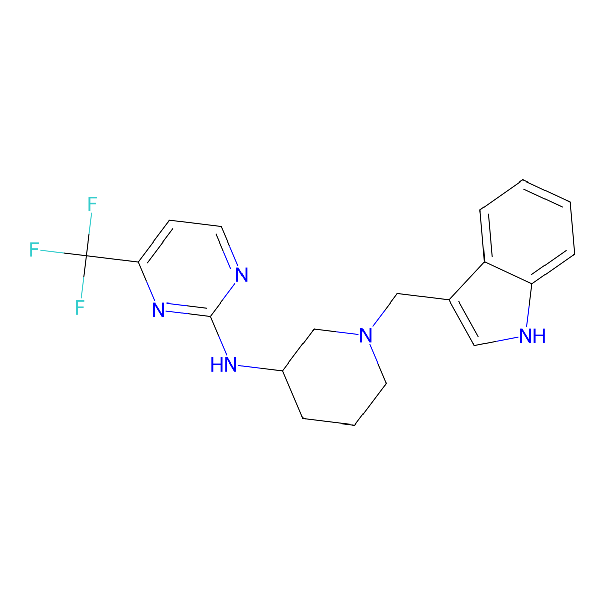 N-{1-[(1H-indol-3-yl)methyl]piperidin-3-yl}-4-(trifluoromethyl)pyrimidin-2-amine molecular structure, CAS 3054635-41-2