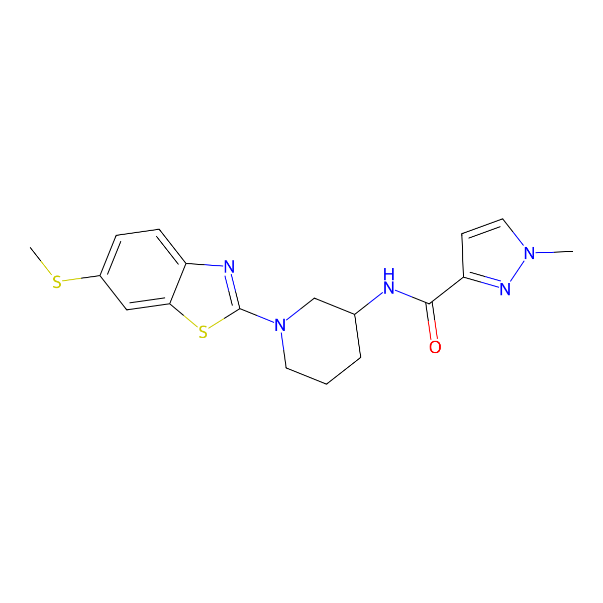 1-methyl-N-{1-[6-(methylsulfanyl)-1,3-benzothiazol-2-yl]piperidin-3-yl}-1H-pyrazole-3-carboxamide molecular structure, CAS 3054635-67-2