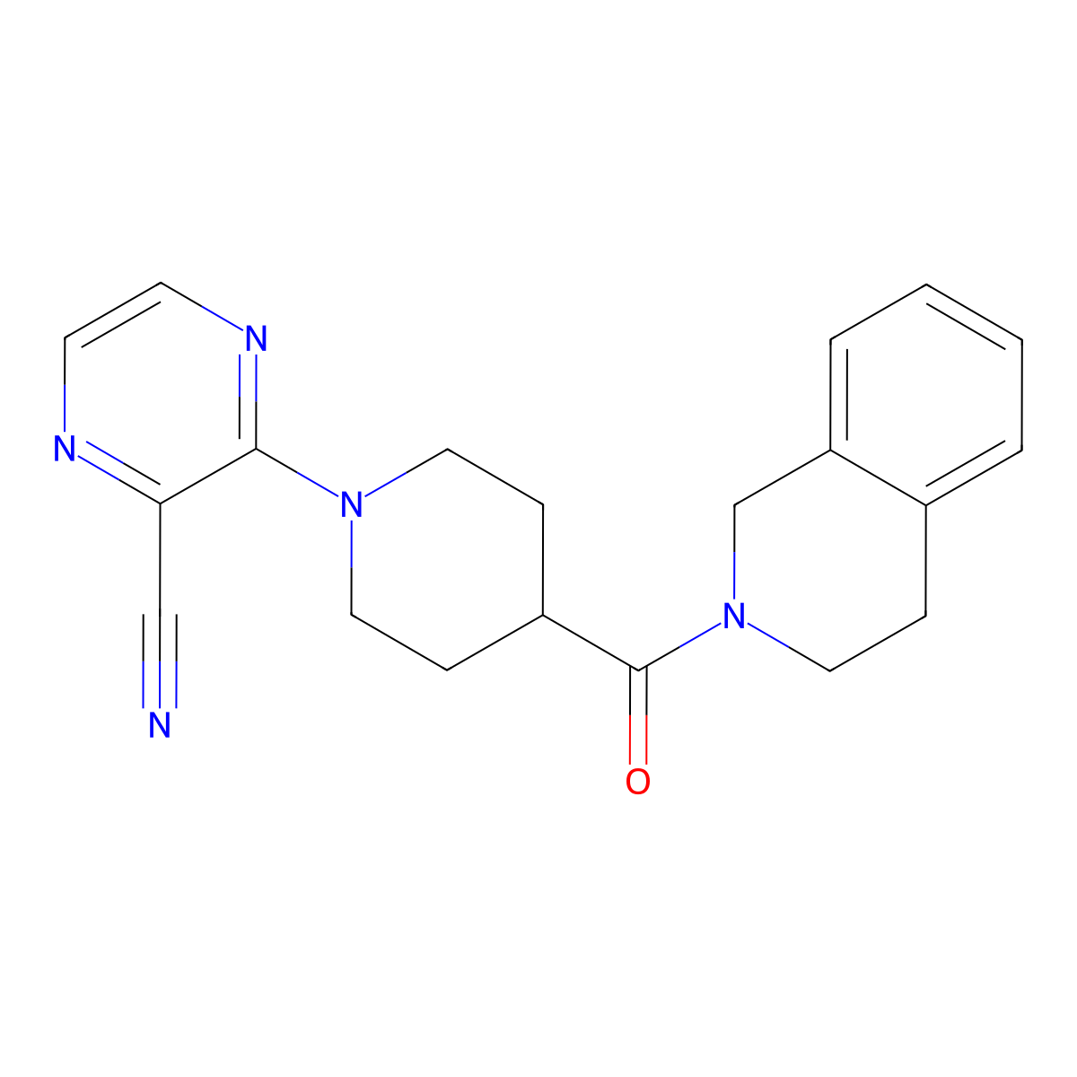 3-[4-(1,2,3,4-Tetrahydroisoquinoline-2-carbonyl)piperidin-1-yl]pyrazine-2-carbonitrile molecular structure, CAS 3054635-70-7