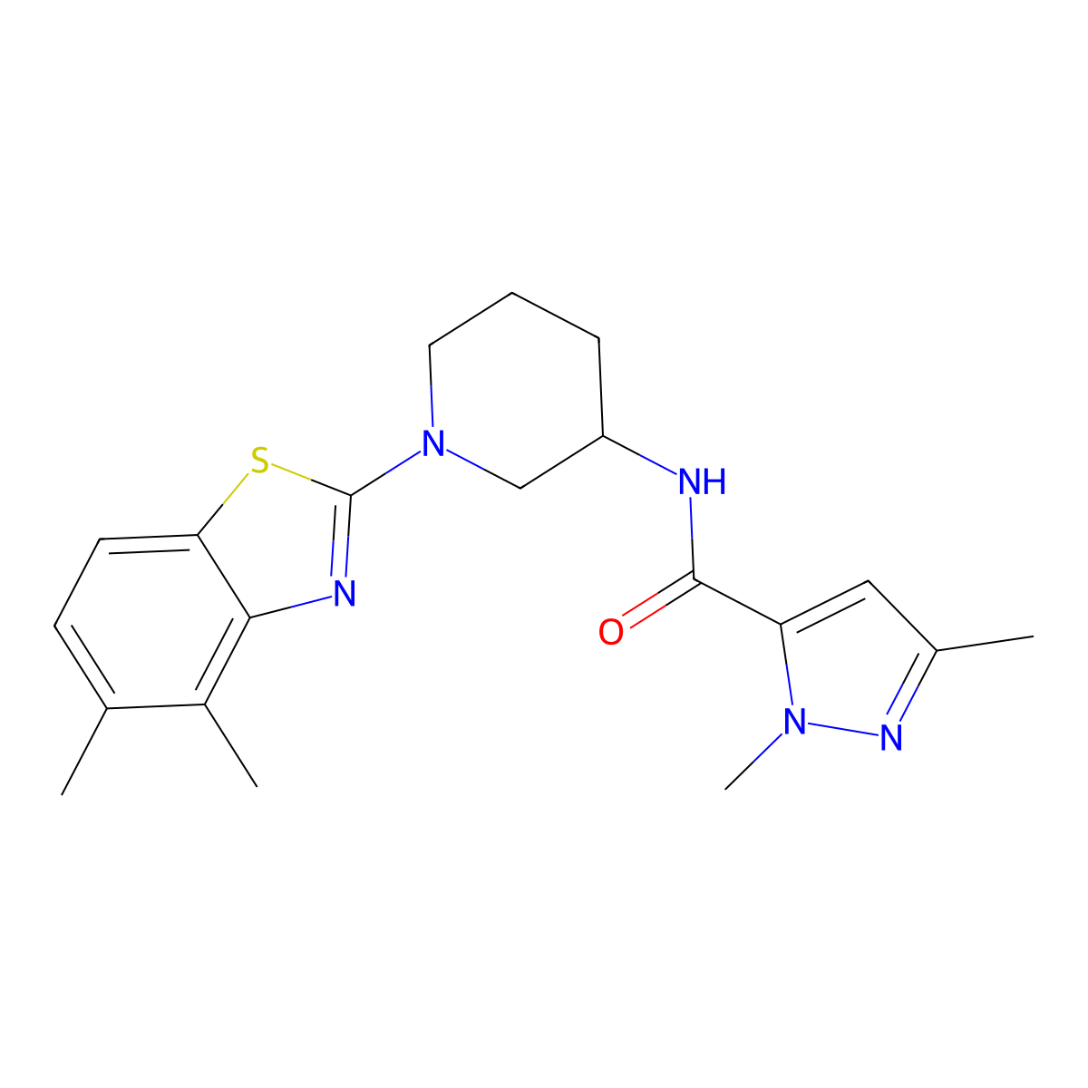 N-[1-(4,5-dimethyl-1,3-benzothiazol-2-yl)piperidin-3-yl]-1,3-dimethyl-1H-pyrazole-5-carboxamide molecular structure, CAS 3054635-80-9