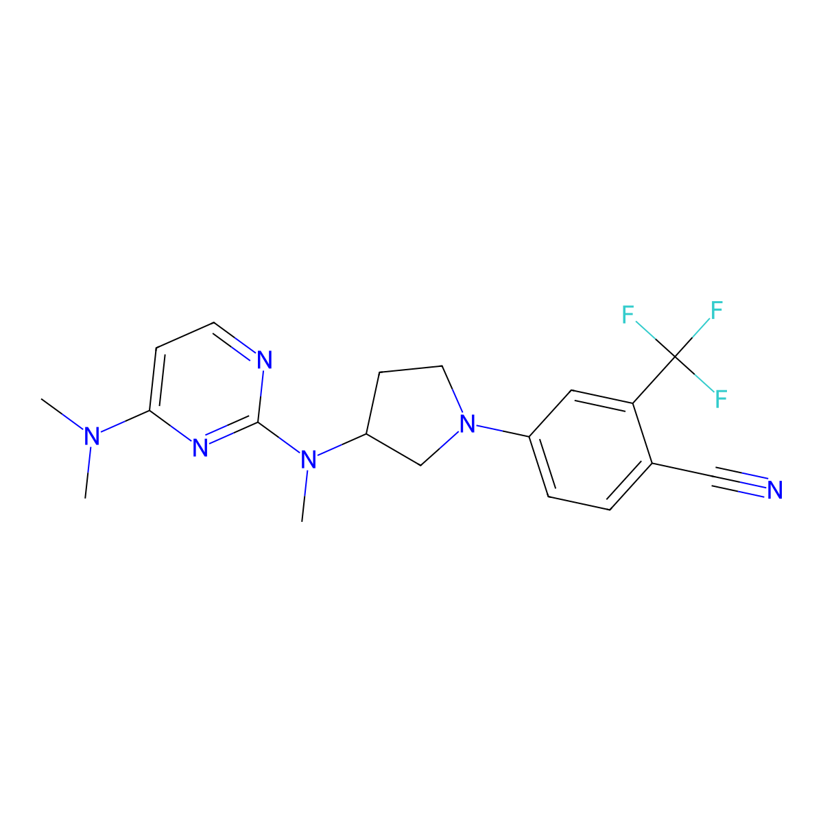4-(3-{[4-(Dimethylamino)pyrimidin-2-yl](methyl)amino}pyrrolidin-1-yl)-2-(trifluoromethyl)benzonitrile molecular structure, CAS 3054635-82-1