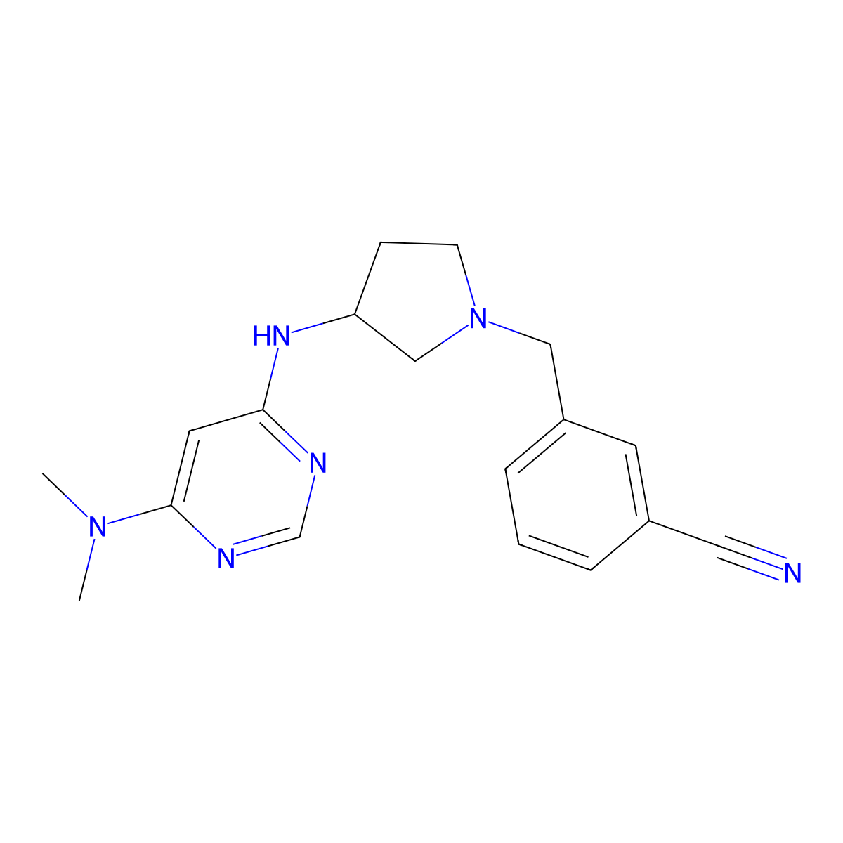 3-[(3-{[6-(Dimethylamino)pyrimidin-4-yl]amino}pyrrolidin-1-yl)methyl]benzonitrile molecular structure, CAS 3054635-87-6