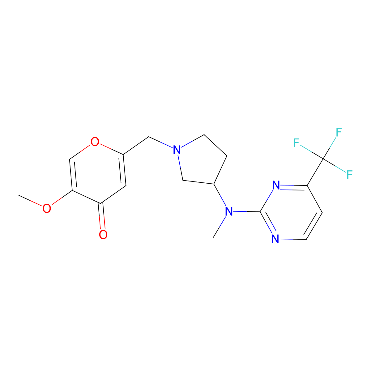 5-methoxy-2-[(3-{methyl[4-(trifluoromethyl)pyrimidin-2-yl]amino}pyrrolidin-1-yl)methyl]-4H-pyran-4-one molecular structure, CAS 3054635-90-1