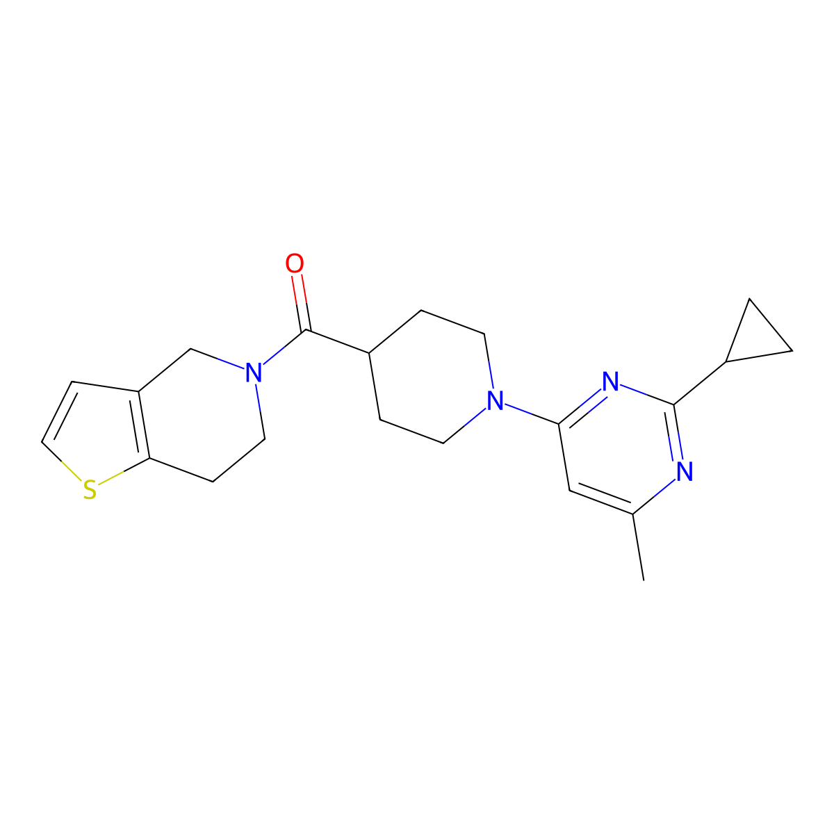 2-cyclopropyl-4-methyl-6-(4-{4H,5H,6H,7H-thieno[3,2-c]pyridine-5-carbonyl}piperidin-1-yl)pyrimidine molecular structure, CAS 3054635-93-4